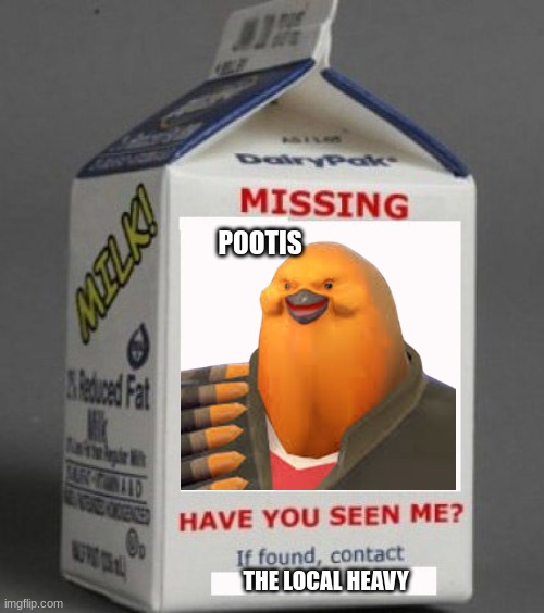 Milk carton | POOTIS; THE LOCAL HEAVY | image tagged in milk carton | made w/ Imgflip meme maker