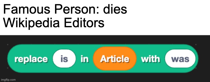 Is -> Was | Famous Person: dies
Wikipedia Editors | image tagged in wikipedia | made w/ Imgflip meme maker
