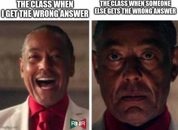 title on how I'm annoyed | THE CLASS WHEN I GET THE WRONG ANSWER; THE CLASS WHEN SOMEONE ELSE GETS THE WRONG ANSWER | image tagged in gus fring,memes,funny,school | made w/ Imgflip meme maker