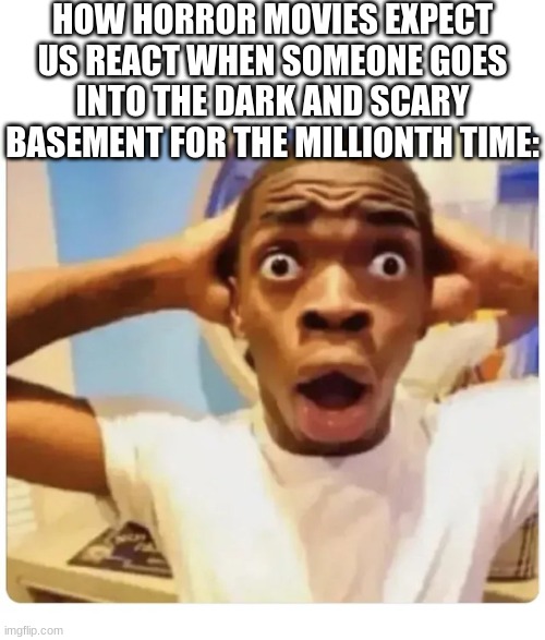i forgor | HOW HORROR MOVIES EXPECT US REACT WHEN SOMEONE GOES INTO THE DARK AND SCARY BASEMENT FOR THE MILLIONTH TIME: | image tagged in black guy suprised,horror movies,funny,real | made w/ Imgflip meme maker