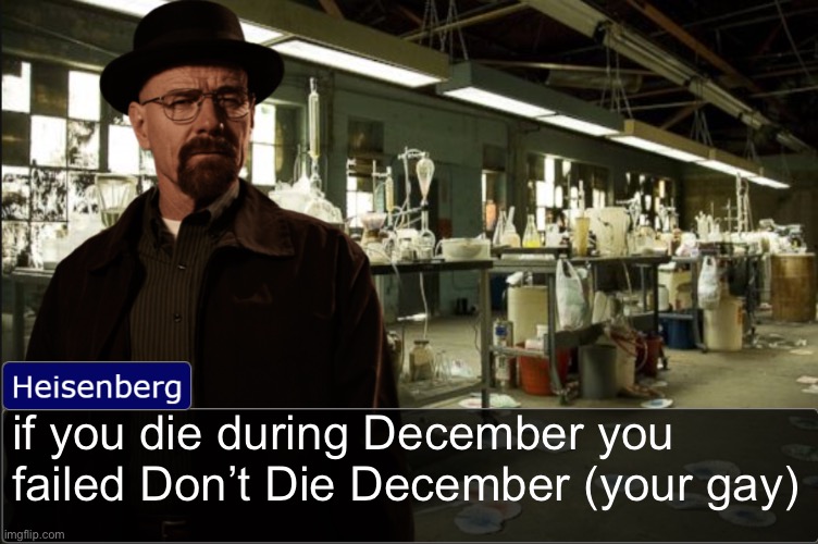 Heisenberg objection template | if you die during December you failed Don’t Die December (your gay) | image tagged in heisenberg objection template | made w/ Imgflip meme maker