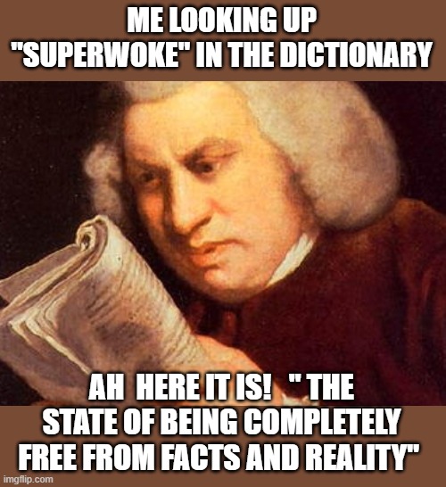 ME LOOKING UP "SUPERWOKE" IN THE DICTIONARY AH  HERE IT IS!   " THE STATE OF BEING COMPLETELY FREE FROM FACTS AND REALITY" | made w/ Imgflip meme maker