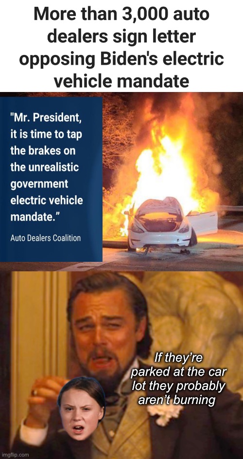 EVs are safer unsold | If they’re parked at the car lot they probably aren’t burning | image tagged in tesla on fire,memes,laughing leo,politics lol | made w/ Imgflip meme maker