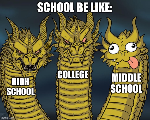 School be like: | SCHOOL BE LIKE:; COLLEGE; MIDDLE SCHOOL; HIGH SCHOOL | image tagged in three-headed dragon,king ghidorah,high school,college,middle school | made w/ Imgflip meme maker