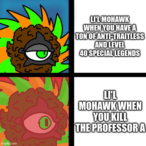 i hate lil cat awakens | LI'L MOHAWK WHEN YOU HAVE A TON OF ANTI-TRAITLESS AND LEVEL 40 SPECIAL LEGENDS; LI'L MOHAWK WHEN YOU KILL THE PROFESSOR A | image tagged in jacobycyclone,battle cats | made w/ Imgflip meme maker