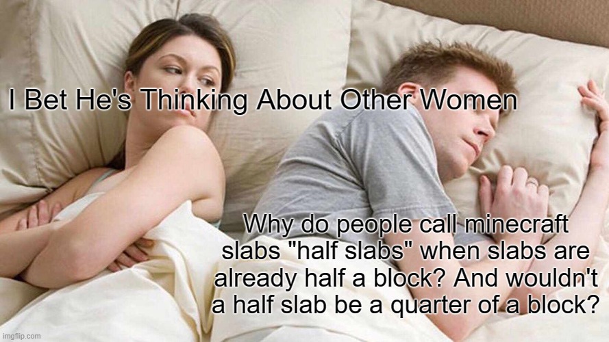 I Bet He's Thinking About Other Women | I Bet He's Thinking About Other Women; Why do people call minecraft slabs "half slabs" when slabs are already half a block? And wouldn't a half slab be a quarter of a block? | image tagged in memes,i bet he's thinking about other women | made w/ Imgflip meme maker