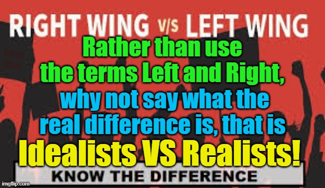Left vs Right | Rather than use the terms Left and Right, Yarra Man; why not say what the real difference is, that is; Idealists VS Realists! | image tagged in idealists,realists,progressives,conservatives,politics,perspectives | made w/ Imgflip meme maker