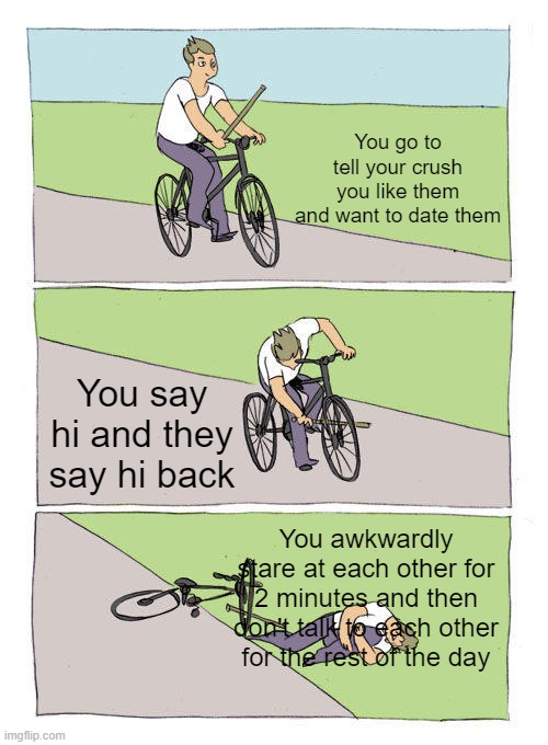 Bike Fall | You go to tell your crush you like them and want to date them; You say hi and they say hi back; You awkwardly stare at each other for 2 minutes and then don't talk to each other for the rest of the day | image tagged in memes,bike fall | made w/ Imgflip meme maker