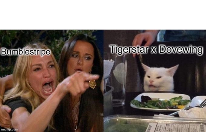 Lol you still suck Bumble | Tigerstar x Dovewing; Bumblestripe | image tagged in memes,woman yelling at cat | made w/ Imgflip meme maker
