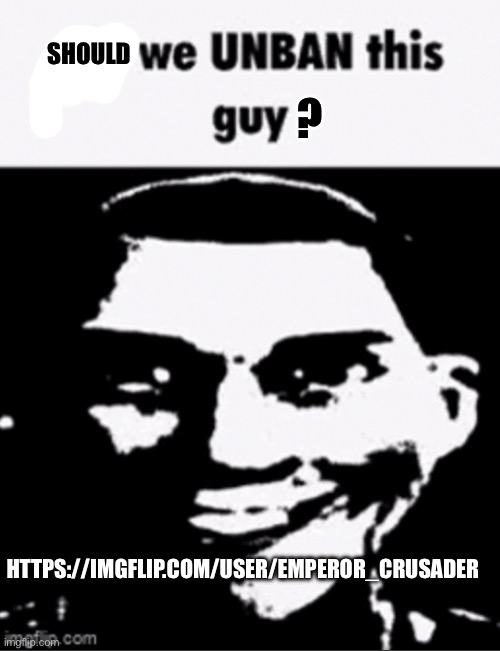 He was banned for being underage | ? SHOULD; HTTPS://IMGFLIP.COM/USER/EMPEROR_CRUSADER | image tagged in can we unban this guy | made w/ Imgflip meme maker