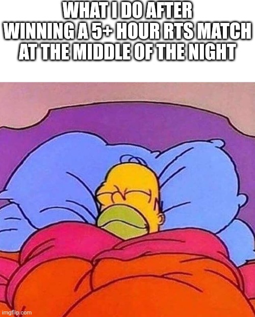 I dream of victory | WHAT I DO AFTER WINNING A 5+ HOUR RTS MATCH AT THE MIDDLE OF THE NIGHT | image tagged in homer simpson sleeping peacefully,memes,funny,video games | made w/ Imgflip meme maker