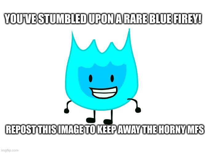 Blue Firey | YOU'VE STUMBLED UPON A RARE BLUE FIREY! REPOST THIS IMAGE TO KEEP AWAY THE HORNY MFS | image tagged in bfdi,bfb,tpot | made w/ Imgflip meme maker