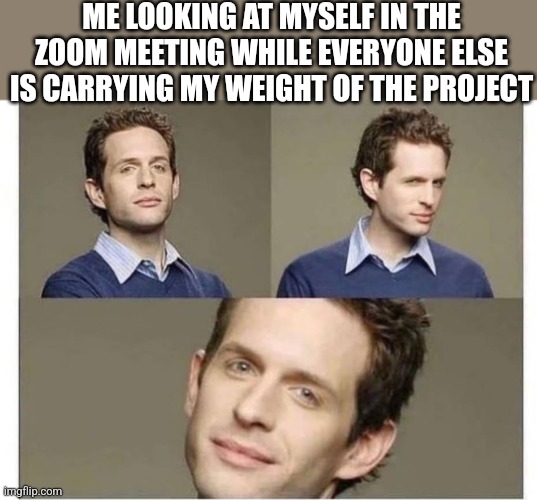 ME LOOKING AT MYSELF IN THE ZOOM MEETING WHILE EVERYONE ELSE IS CARRYING MY WEIGHT OF THE PROJECT | image tagged in funny memes | made w/ Imgflip meme maker
