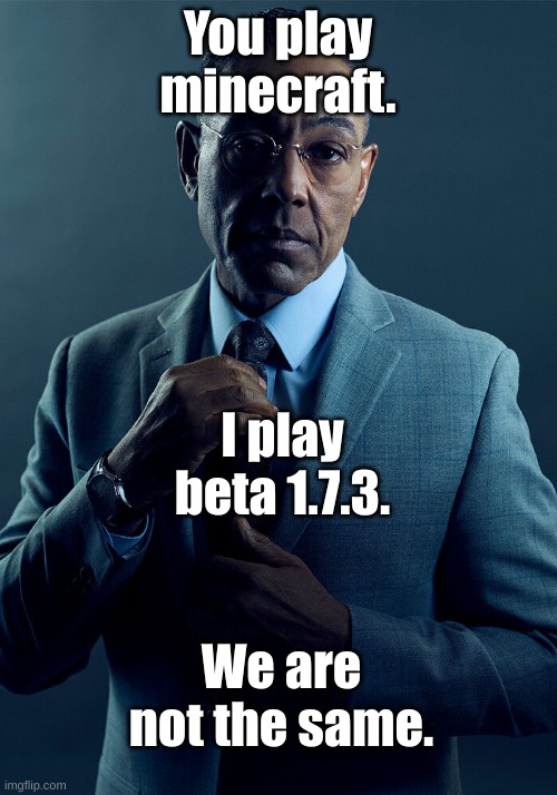 b1.7.3 vs. Newest Minecraft. We are not the same. | You play minecraft. I play beta 1.7.3. We are not the same. | image tagged in gus fring we are not the same | made w/ Imgflip meme maker