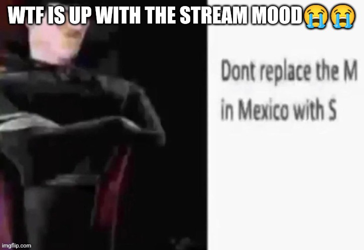 Dont replace the M in Mexico with S | WTF IS UP WITH THE STREAM MOOD😭😭 | image tagged in dont replace the m in mexico with s | made w/ Imgflip meme maker