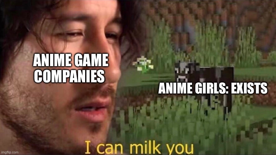 Basically anime games: | ANIME GAME COMPANIES; ANIME GIRLS: EXISTS | image tagged in i can milk you template,memes,fun stream | made w/ Imgflip meme maker