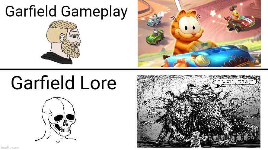 I'm Sorry, Jon... | Garfield Gameplay; Garfield Lore | image tagged in gameplay vs lore,garfield,im sorry jon,lasagna,chad,wojak | made w/ Imgflip meme maker