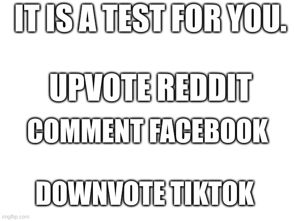 test time | IT IS A TEST FOR YOU. UPVOTE REDDIT; COMMENT FACEBOOK; DOWNVOTE TIKTOK | image tagged in test | made w/ Imgflip meme maker