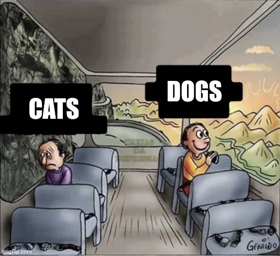 two guys on a bus | DOGS; CATS | image tagged in two guys on a bus | made w/ Imgflip meme maker