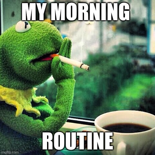 kermit smokes | MY MORNING; ROUTINE | image tagged in funny meme | made w/ Imgflip meme maker