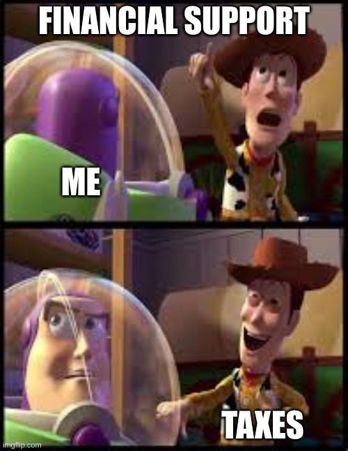 financial support | FINANCIAL SUPPORT; ME; TAXES | image tagged in funny,toy story | made w/ Imgflip meme maker