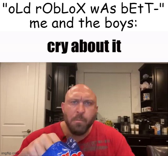 Cry About It | "oLd rObLoX wAs bEtT-"
me and the boys: | image tagged in cry about it | made w/ Imgflip meme maker