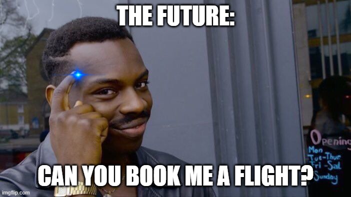 beep boop | THE FUTURE:; CAN YOU BOOK ME A FLIGHT? | image tagged in memes,roll safe think about it | made w/ Imgflip meme maker