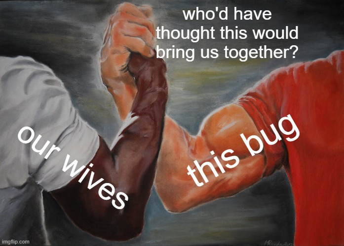 Epic Handshake Meme | who'd have thought this would bring us together? this bug; our wives | image tagged in memes,epic handshake | made w/ Imgflip meme maker