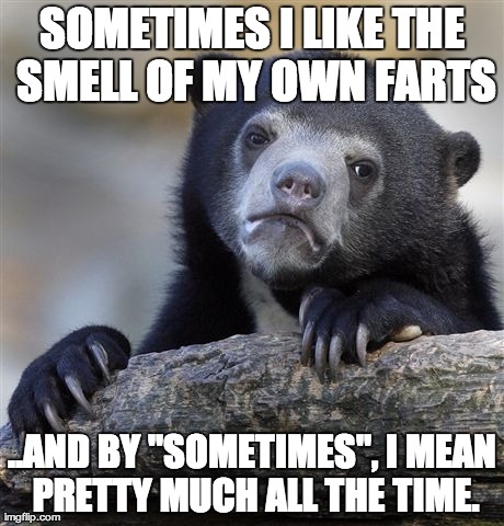 Confession Bear Meme | SOMETIMES I LIKE THE SMELL OF MY OWN FARTS ..AND BY "SOMETIMES", I MEAN PRETTY MUCH ALL THE TIME. | image tagged in memes,confession bear,AdviceAnimals | made w/ Imgflip meme maker