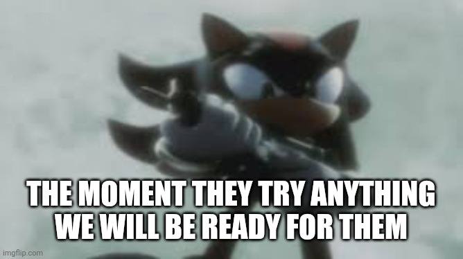 Shadow the hedgehog with a gun | THE MOMENT THEY TRY ANYTHING WE WILL BE READY FOR THEM | image tagged in shadow the hedgehog with a gun | made w/ Imgflip meme maker