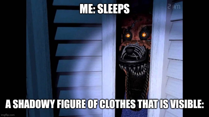 I once screamed ? | ME: SLEEPS; A SHADOWY FIGURE OF CLOTHES THAT IS VISIBLE: | image tagged in foxy fnaf 4,foxy | made w/ Imgflip meme maker