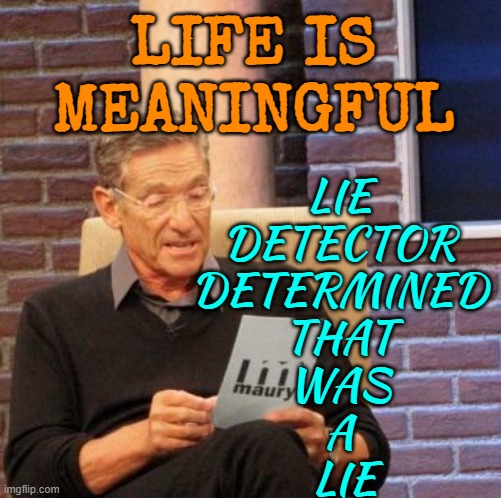 "Life Is Meaningful" | LIFE IS 
MEANINGFUL; LIE 
DETECTOR 
DETERMINED 
THAT 
WAS 
A 
LIE | image tagged in memes,maury lie detector,life sucks,life lessons,life,anti-religion | made w/ Imgflip meme maker