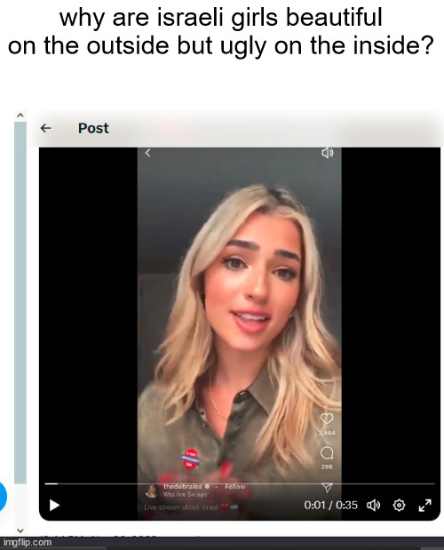 fr. she was saying pro palestine people rot in hell and palestine doesn't exist. | why are israeli girls beautiful on the outside but ugly on the inside? | made w/ Imgflip meme maker