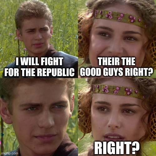 revenge of the sith | I WILL FIGHT FOR THE REPUBLIC; THEIR THE GOOD GUYS RIGHT? RIGHT? | image tagged in anakin padme 4 panel | made w/ Imgflip meme maker