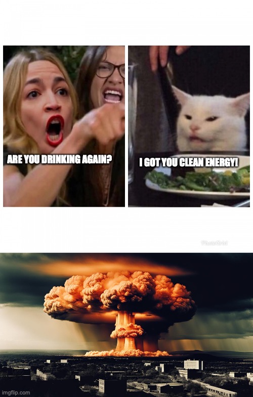 Clean Energy Cat | I GOT YOU CLEAN ENERGY! ARE YOU DRINKING AGAIN? | image tagged in aoc vs smudge | made w/ Imgflip meme maker