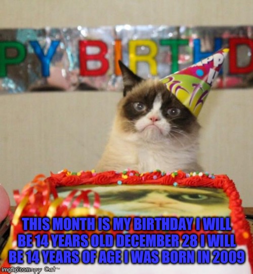 Doing this now because I will forget | THIS MONTH IS MY BIRTHDAY I WILL BE 14 YEARS OLD DECEMBER 28 I WILL BE 14 YEARS OF AGE I WAS BORN IN 2009 | image tagged in memes,grumpy cat birthday,grumpy cat | made w/ Imgflip meme maker
