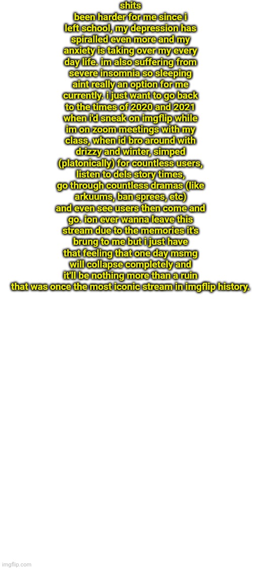 shits been harder for me since i left school, my depression has spiralled even more and my anxiety is taking over my every day life. im also suffering from severe insomnia so sleeping aint really an option for me currently. i just want to go back to the times of 2020 and 2021 when i'd sneak on imgflip while im on zoom meetings with my class, when id bro around with drizzy and winter, simped (platonically) for countless users, listen to dels story times, go through countless dramas (like arkuums, ban sprees, etc) and even see users then come and go. ion ever wanna leave this stream due to the memories it's brung to me but i just have that feeling that one day msmg will collapse completely and it'll be nothing more than a ruin that was once the most iconic stream in imgflip history. | made w/ Imgflip meme maker