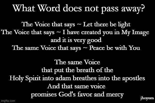 what Word does not pass away? | What Word does not pass away? The Voice that says ~ Let there be light

The Voice that says ~ I have created you in My Image 
and it is very good

The same Voice that says ~ Peace be with You; The same Voice 
that put the breath of the Holy Spirit into adam breathes into the apostles

And that same voice 
promises God's favor and mercy; jhoyum | made w/ Imgflip meme maker