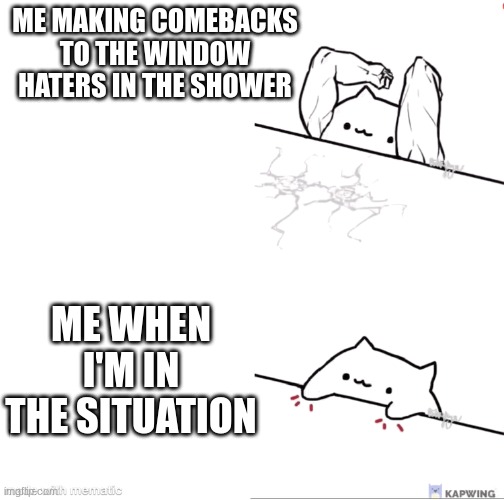 bongo cat strong | ME MAKING COMEBACKS TO THE WINDOW HATERS IN THE SHOWER; ME WHEN I'M IN THE SITUATION | image tagged in bongo cat strong | made w/ Imgflip meme maker
