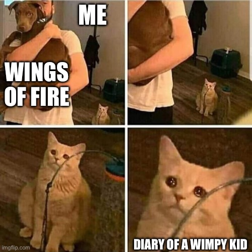 Wings of fire = better | ME; WINGS OF FIRE; DIARY OF A WIMPY KID | image tagged in sad cat holding dog,wings of fire,diary of a wimpy kid | made w/ Imgflip meme maker