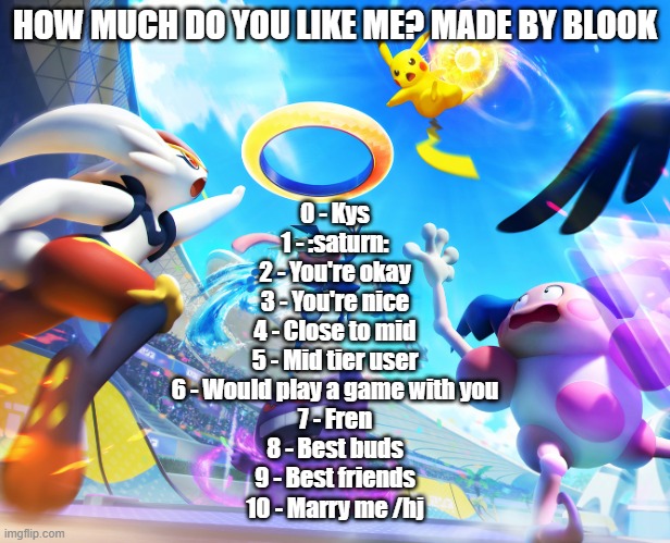 Pikachu Dunking | HOW MUCH DO YOU LIKE ME? MADE BY BLOOK; 0 - Kys
1 - :saturn:
2 - You're okay
3 - You're nice
4 - Close to mid
5 - Mid tier user
6 - Would play a game with you
7 - Fren
8 - Best buds
9 - Best friends
10 - Marry me /hj | image tagged in pikachu dunking | made w/ Imgflip meme maker