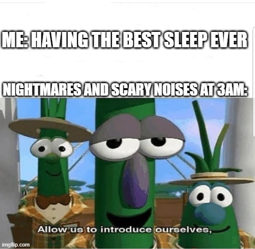 So true | ME: HAVING THE BEST SLEEP EVER; NIGHTMARES AND SCARY NOISES AT 3AM: | image tagged in allow us to introduce ourselves | made w/ Imgflip meme maker