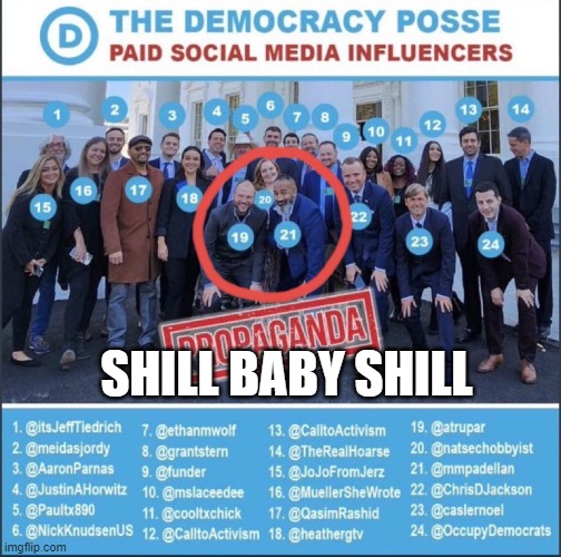 Shill baby Shill | SHILL BABY SHILL | image tagged in liars,fake news,social media,democratic party,you guys are getting paid,twitter | made w/ Imgflip meme maker