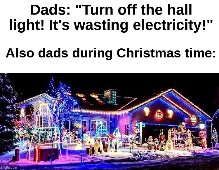 At least the front yard looks nice ¯\_(ツ)_/¯ | Dads: "Turn off the hall light! It's wasting electricity!"; Also dads during Christmas time: | image tagged in memes,funny,relatable memes,christmas,christmas memes,christmas lights | made w/ Imgflip meme maker