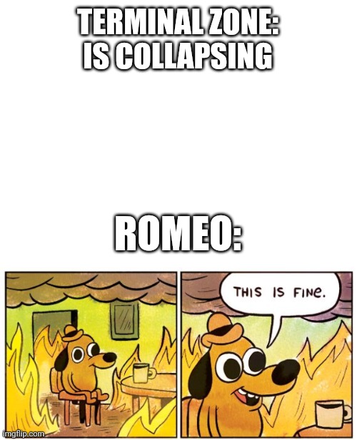 He was like that tho, only a little more melodramatic | TERMINAL ZONE:
IS COLLAPSING; ROMEO: | image tagged in memes,this is fine | made w/ Imgflip meme maker