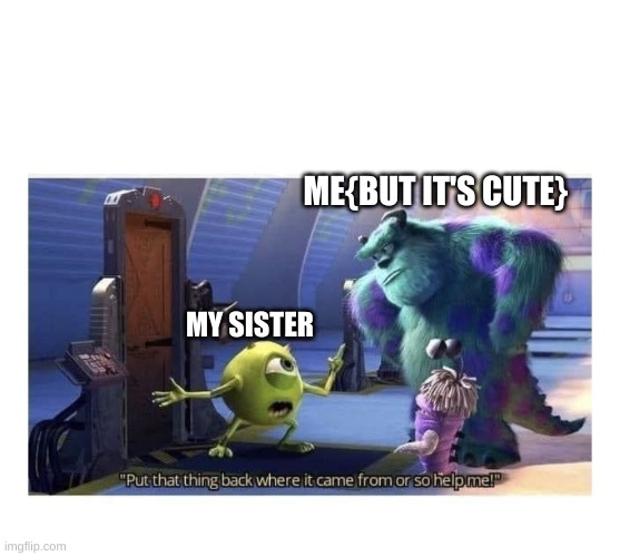 Put that thing back where it came from meme | ME{BUT IT'S CUTE}; MY SISTER | image tagged in mike wazowski put that thing back where it came from | made w/ Imgflip meme maker