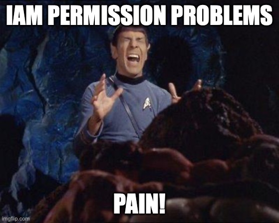 Spock Horta PAIN | IAM PERMISSION PROBLEMS; PAIN! | image tagged in spock horta pain | made w/ Imgflip meme maker