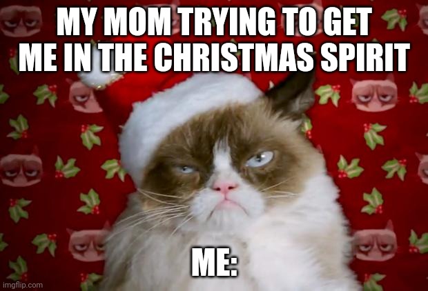 November 1st be like | MY MOM TRYING TO GET ME IN THE CHRISTMAS SPIRIT; ME: | image tagged in grumpy santa cat,christmas | made w/ Imgflip meme maker