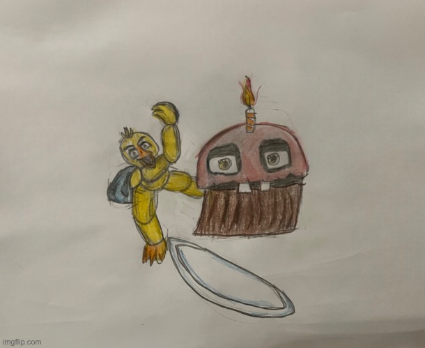 I don’t know if this is the right stream but I randomly decided to draw this- | image tagged in fnaf,chica,cupcake,carl | made w/ Imgflip meme maker