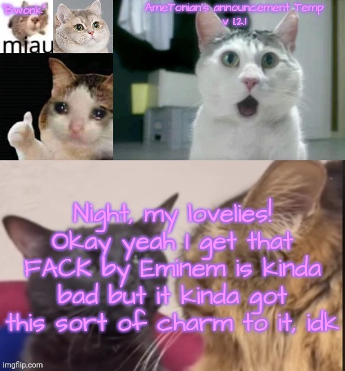 AmeTonian's announcement Temp v 1.2.1 | Night, my lovelies!
Okay yeah I get that FACK by Eminem is kinda bad but it kinda got this sort of charm to it, idk | image tagged in ametonian's announcement temp v 1 2 1 | made w/ Imgflip meme maker